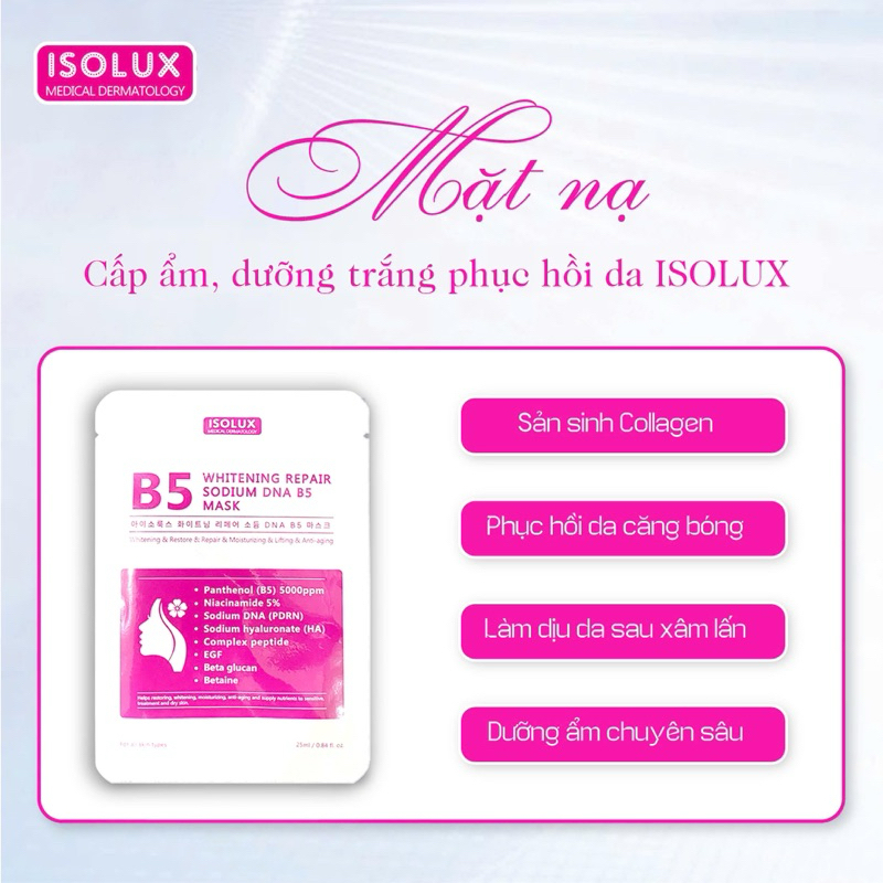 5-10 miếng Mặt nạ Isolux whitening repair sodium DNA B5 mask 25ml hạn 2029 sáng da mờ thâm sạm IS239