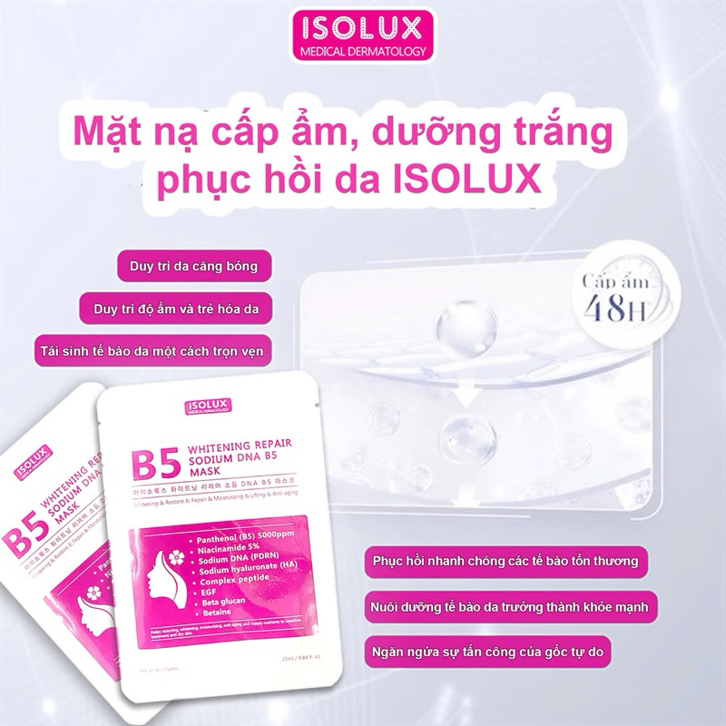 5-10 miếng Mặt nạ Isolux whitening repair sodium DNA B5 mask 25ml hạn 2029 sáng da mờ thâm sạm IS239