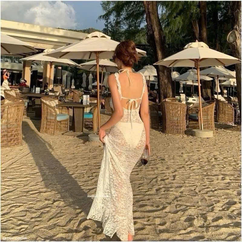 [ BKN 058 ]Set bikini ba món ĐẦM MIDI body ren trắng kèm bikini chanh sả HAN.T SHOP