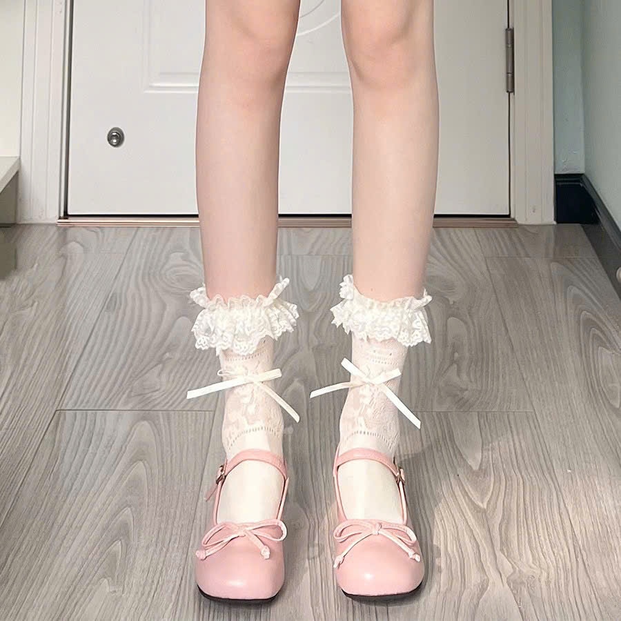 Tất ren cổ thấp phối nơ phong cách công chúa, lolita dễ thương và thanh lịch by Dandal