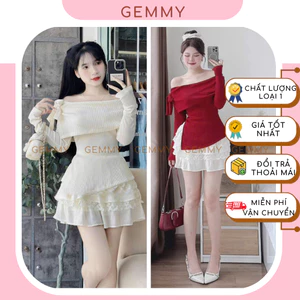 Set áo trễ vai chân váy, Set áo kiểu dài tay đỏ noel xẻ tà cột nơ vai chất thun tăm co giãn và chân váy lụa xoè - GEMMY