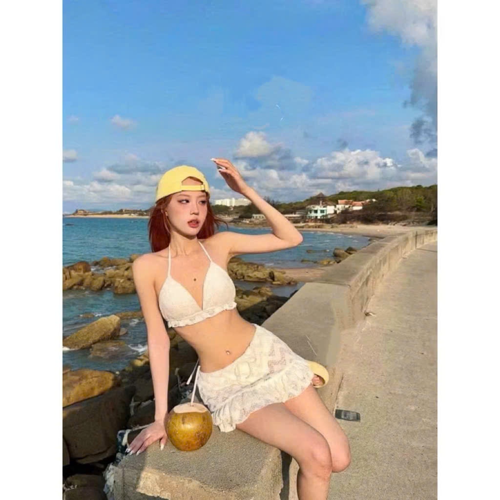 [BKN 926 ] đồ bơi đi biển 3 món bikini siêu iu ÁO VỎ SÒ kèm chân váy xin xắn HAN.T SHOP