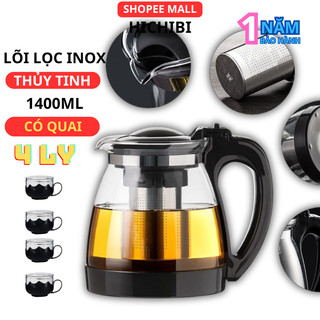 Bình pha trà thuỷ tinh có lõi lọc dung tích 1400ml , bình nước thủy tinh có lõi lọc trà inox nắp đậy và quai cầm chống n
