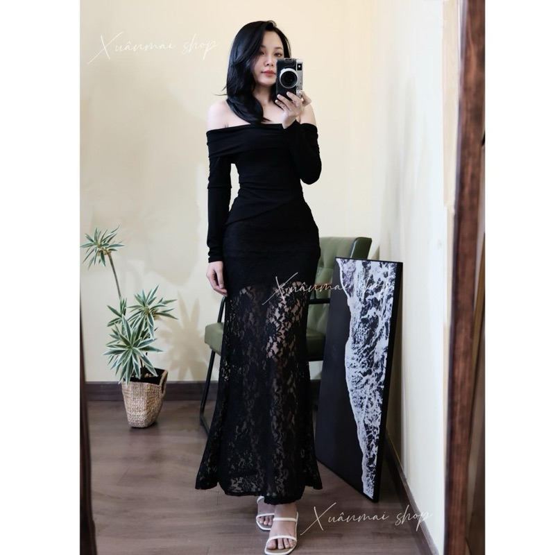 (Chân váy 105cm) Set áo trễ vai chân váy ren đuôi cá dài Xuân Mai shop chân váy hoa lưới