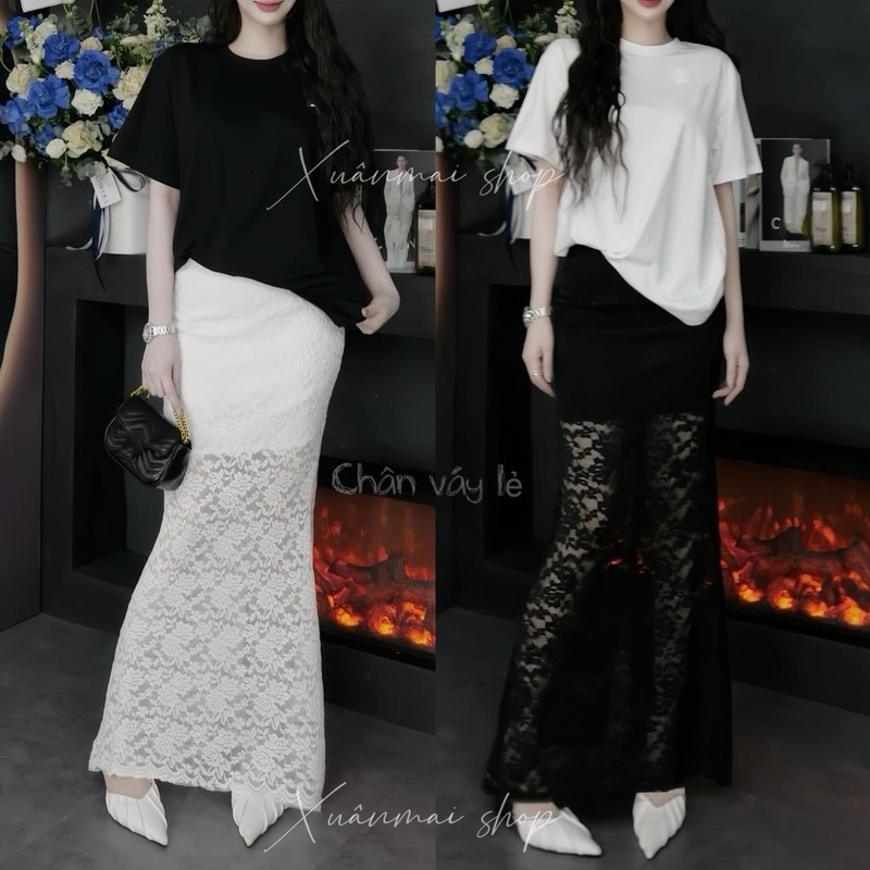 (Chân váy 105cm) Set áo trễ vai chân váy ren đuôi cá dài Xuân Mai shop chân váy hoa lưới