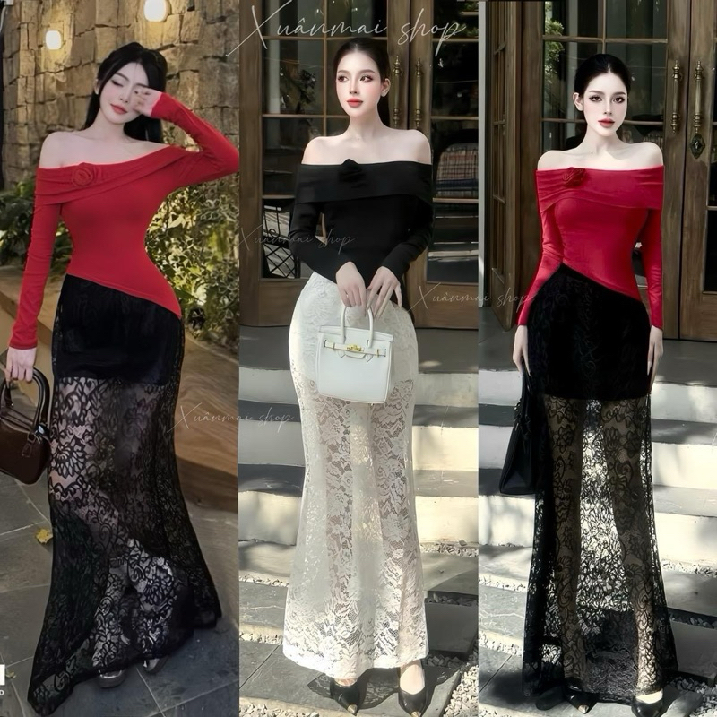 (Chân váy 105cm) Set áo trễ vai chân váy ren đuôi cá dài Xuân Mai shop chân váy hoa lưới