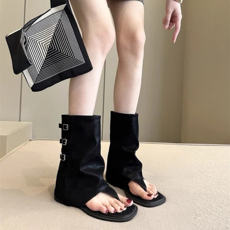 (Sẵn đen 37, nâu 39) Dép Sandal Ống Thắt Lưng Xỏ Ngón Cao Cổ Thời Trang Chất Da Lộn 2025