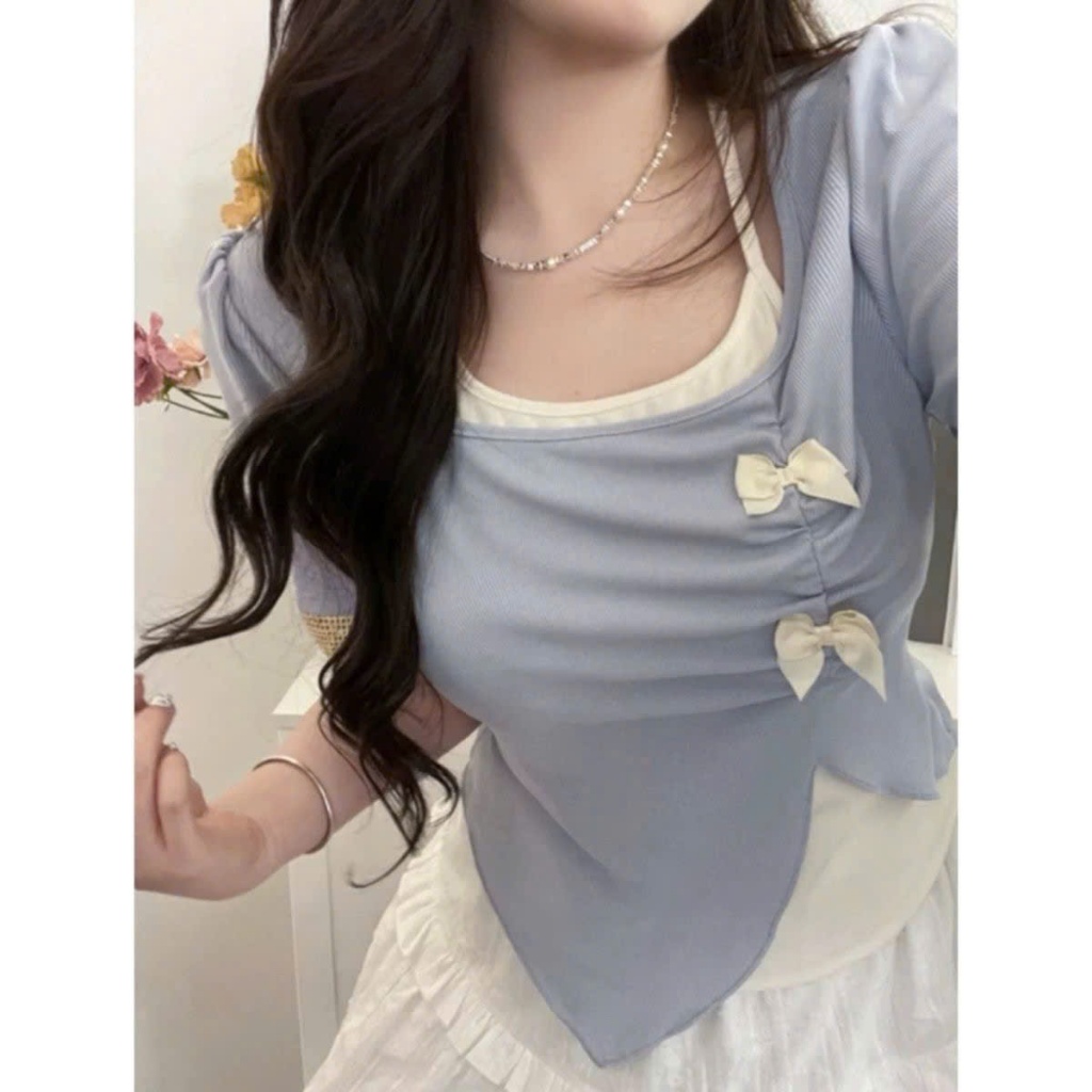 Áo Thun Bigsize Nữ Tay Ngắn Cổ Yếm Xinh Xắn Đính Họa Tiết Nơ Vạt Nhọn Vải Tăm Co Giãn Tôn Dáng A278 | BigBuy360 - bigbuy360.vn