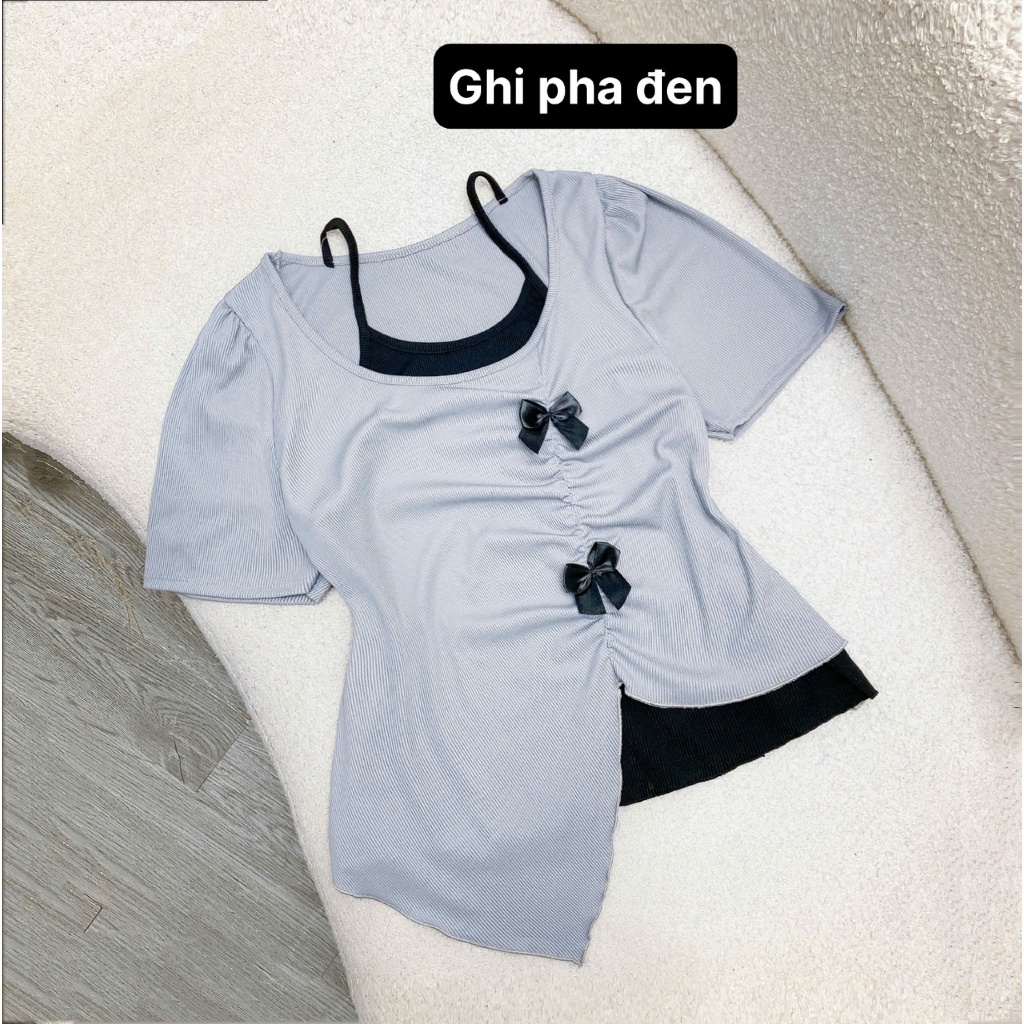 Áo Thun Bigsize Nữ Tay Ngắn Cổ Yếm Xinh Xắn Đính Họa Tiết Nơ Vạt Nhọn Vải Tăm Co Giãn Tôn Dáng A278 | BigBuy360 - bigbuy360.vn