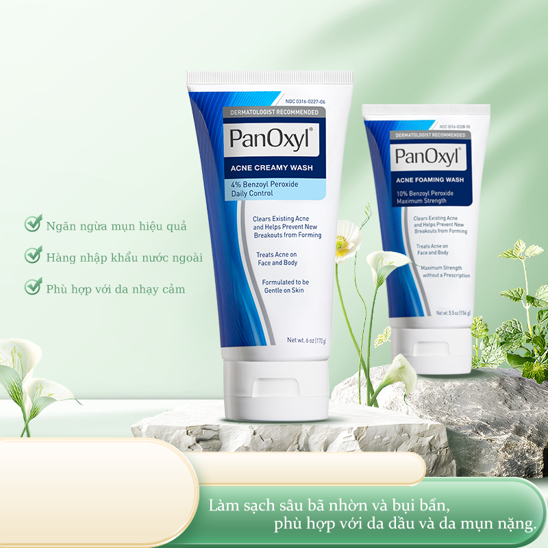 Sữa rửa mặt giảm mụn Panoxyl Creamy Acne Wash 4% - Foaming Acne Wash 10% Benzoyl Peroxide ngực,gigi