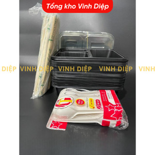 Combo 50 hộp cơm đen nhựa 3 ngăn dùng 1 lần