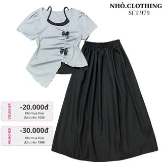 Set Áo Thun Bigsize Nữ Tay Ngắn Cổ Yếm Đính Nơ Vạt Nhọn Kèm Chân Váy Lụa Dài Xòe Thanh Lịch SET(A278+CV15)