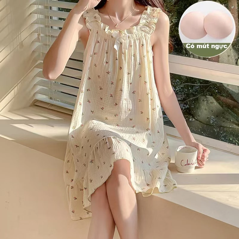 Váy ngủ cotton đũi xốp êm nhẹ và thoáng mát dễ thương có mút ngực êm ái ảnh 3