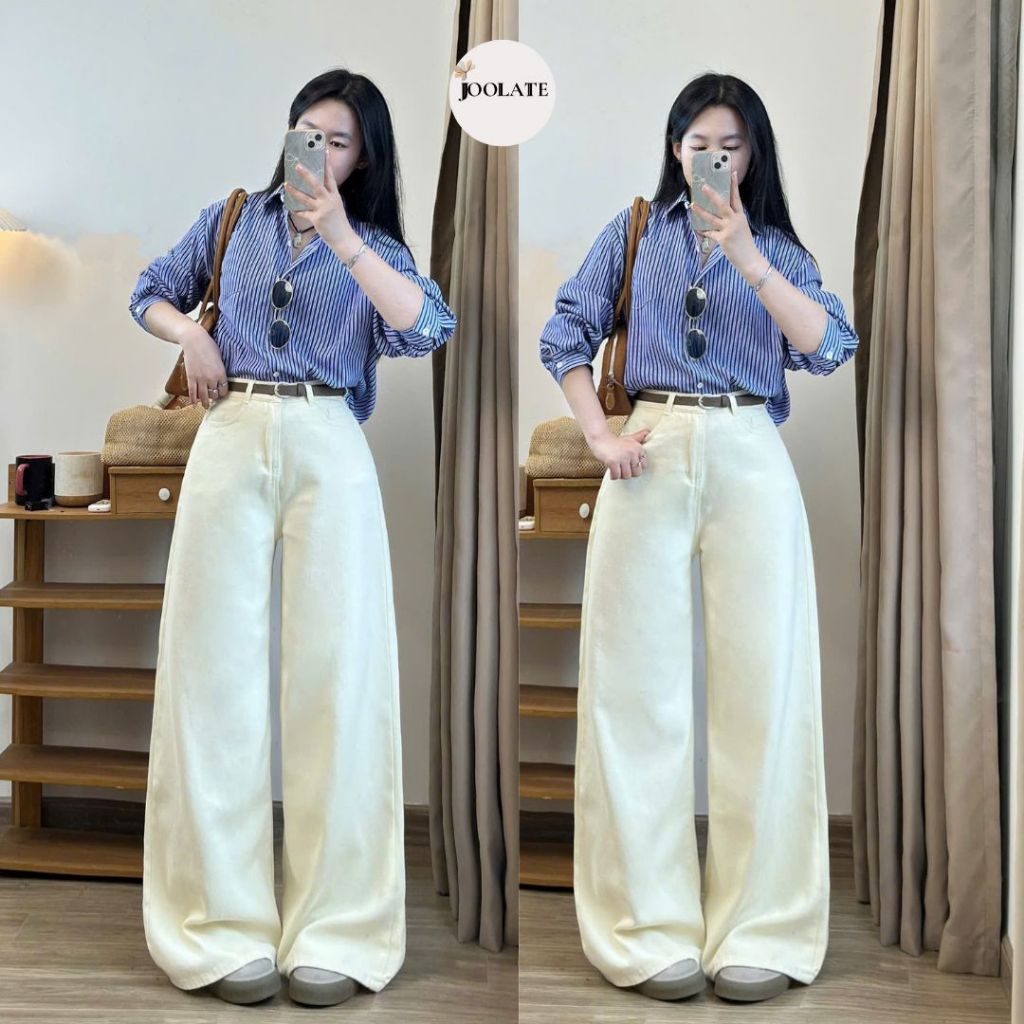 Quần jeans ống rộng màu kem Joolate ống cong rộng  hơi loe nhẹ phom dài phủ chân phong cách Hàn Quốc