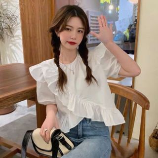 Áo sơ mi kiểu bigsize nữ tay phồng ngắn viền bèo cổ tròn dễ thương đáng yêu thoáng mát cho nàng chuppy - SM277