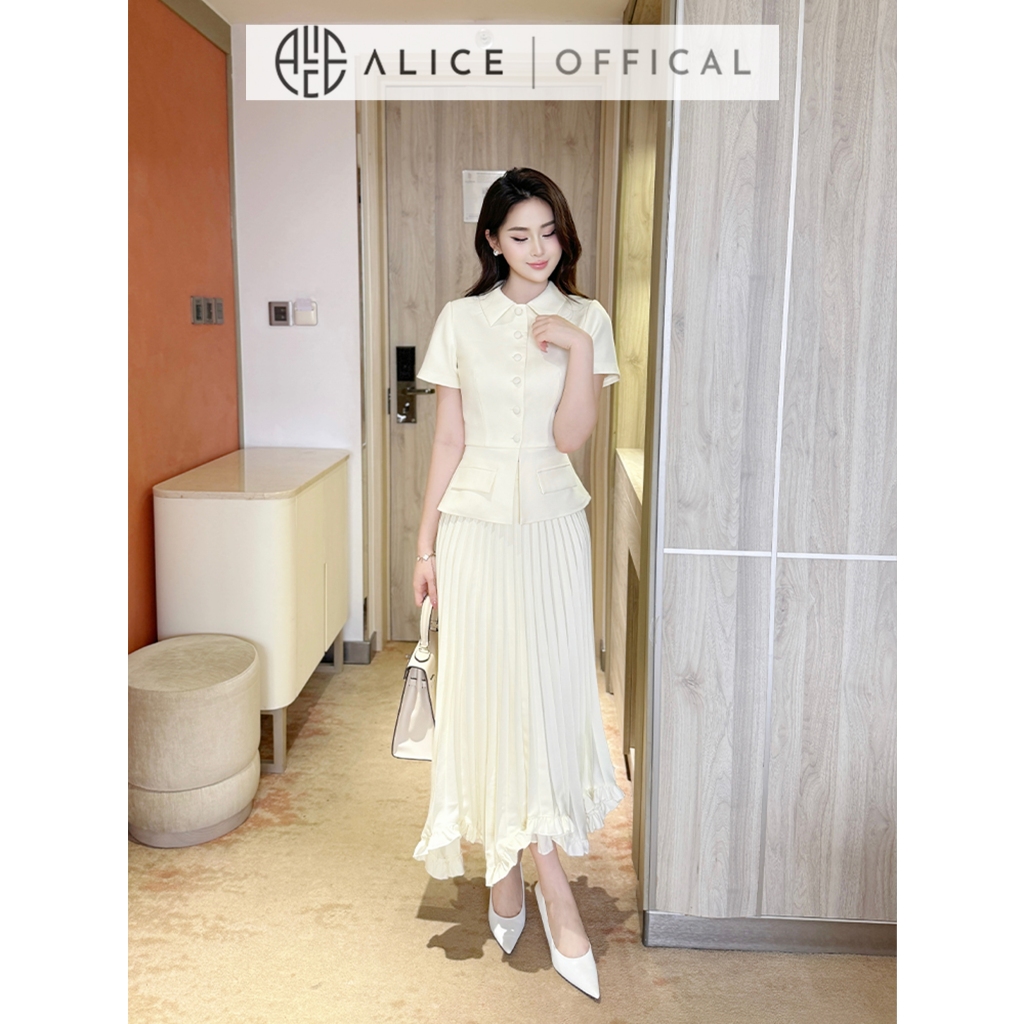 Set Váy Thanh Lịch Chất Chéo Hàn Alice, Áo Ngắn Tay Cổ Sơ Mi Có Túi Dáng Ôm Eo Phối Chân Váy Dập Ly Quạy Kéo Khóa S851