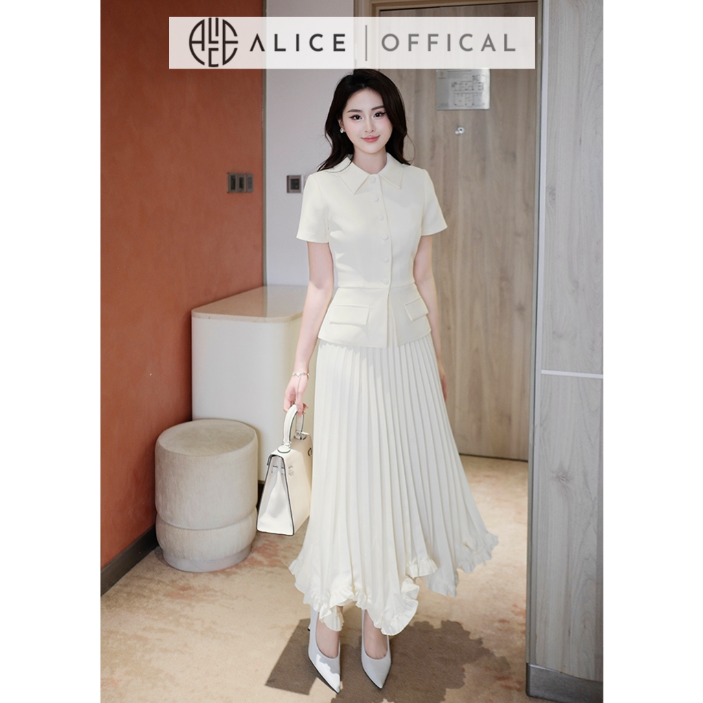 Ảnh Set Váy Thanh Lịch Chất Chéo Hàn Alice, Áo Ngắn Tay Cổ Sơ Mi Có Túi Dáng Ôm Eo Phối Chân Váy Dập Ly Quạy Kéo Khóa S851 1