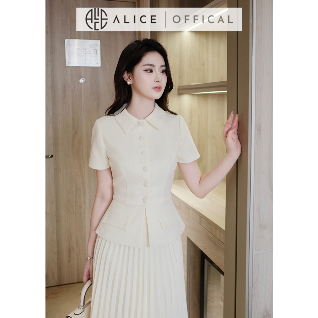 Ảnh Set Váy Thanh Lịch Chất Chéo Hàn Alice, Áo Ngắn Tay Cổ Sơ Mi Có Túi Dáng Ôm Eo Phối Chân Váy Dập Ly Quạy Kéo Khóa S851 3