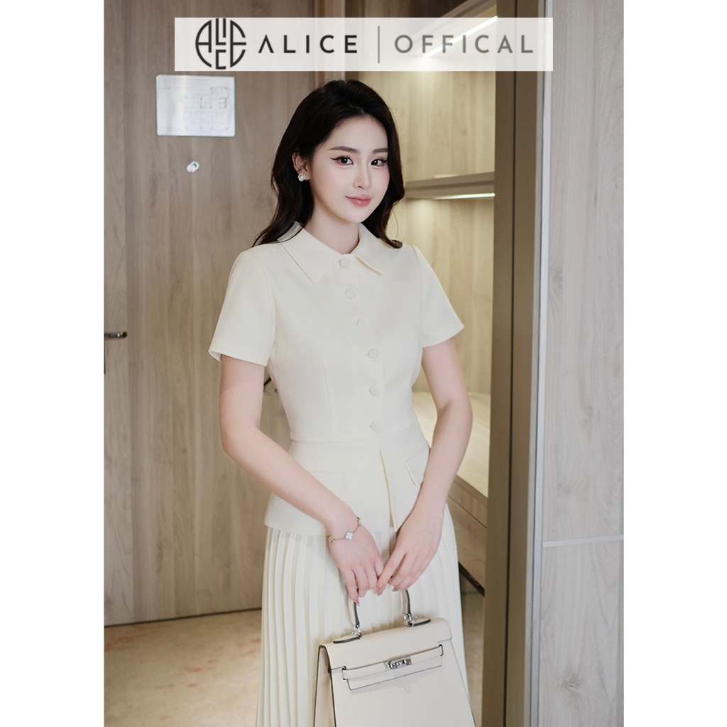 Ảnh Set Váy Thanh Lịch Chất Chéo Hàn Alice, Áo Ngắn Tay Cổ Sơ Mi Có Túi Dáng Ôm Eo Phối Chân Váy Dập Ly Quạy Kéo Khóa S851 2