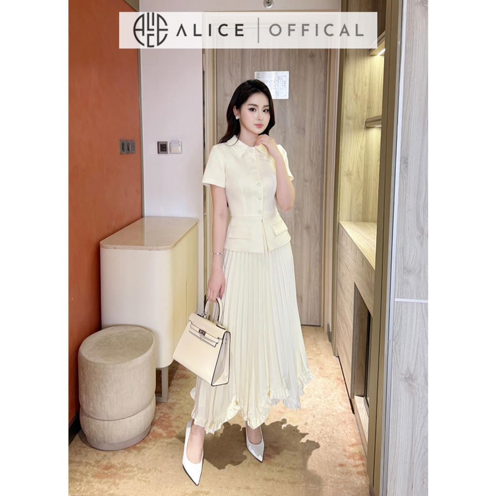Ảnh Set Váy Thanh Lịch Chất Chéo Hàn Alice, Áo Ngắn Tay Cổ Sơ Mi Có Túi Dáng Ôm Eo Phối Chân Váy Dập Ly Quạy Kéo Khóa S851 4