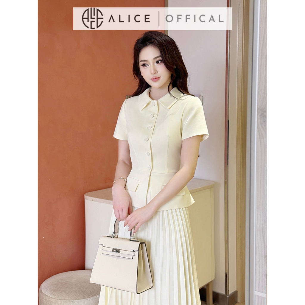 Set Váy Thanh Lịch Chất Chéo Hàn Alice, Áo Ngắn Tay Cổ Sơ Mi Có Túi Dáng Ôm Eo Phối Chân Váy Dập Ly Quạy Kéo Khóa S851
