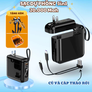 Sạc dự phòng dung lượng lớn 20.000 mAh kèm củ sạc có 2 cáp sạc nhanh có thể tháo rời sạc dự phòng nhanh 3IN1