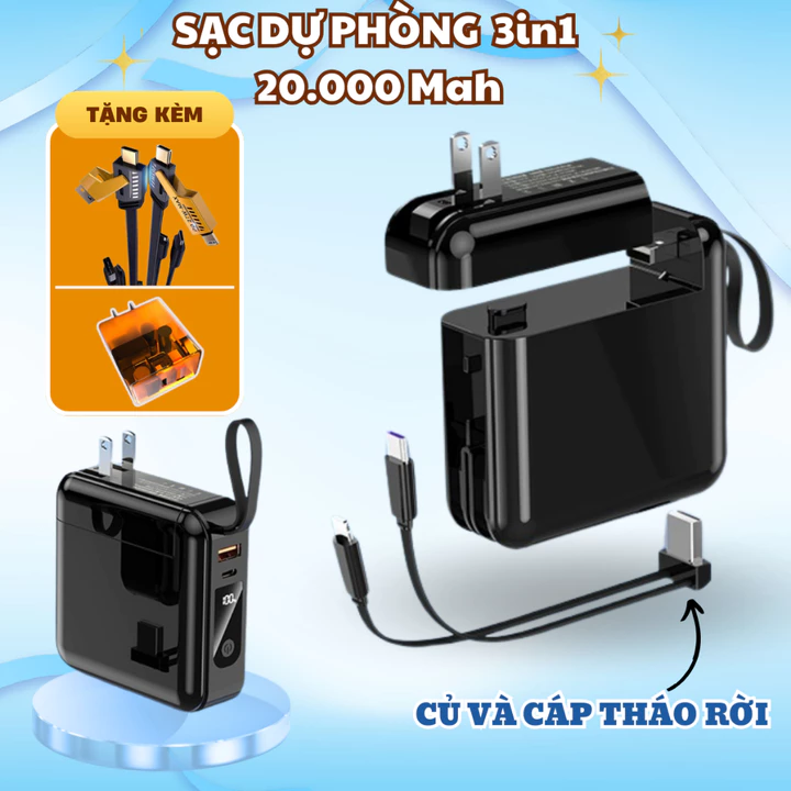 Sạc dự phòng dung lượng lớn 20.000 mAh kèm củ sạc có 2 cáp sạc nhanh có thể tháo rời sạc dự phòng nhanh 3IN1