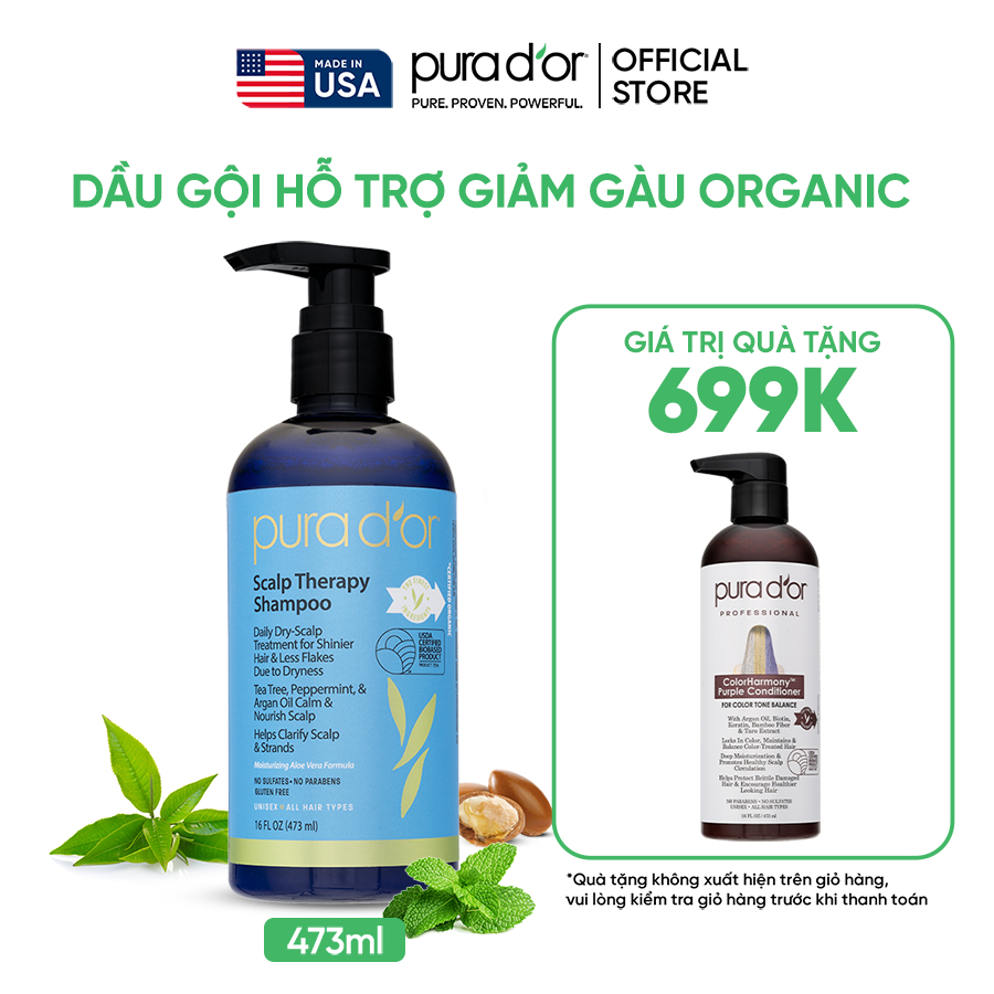 Ảnh Dầu gội hữu cơ  kiềm dầu, giảm gàu nuôi dưỡng da đầu PURA D'OR Scalp Therapy 473ml 1