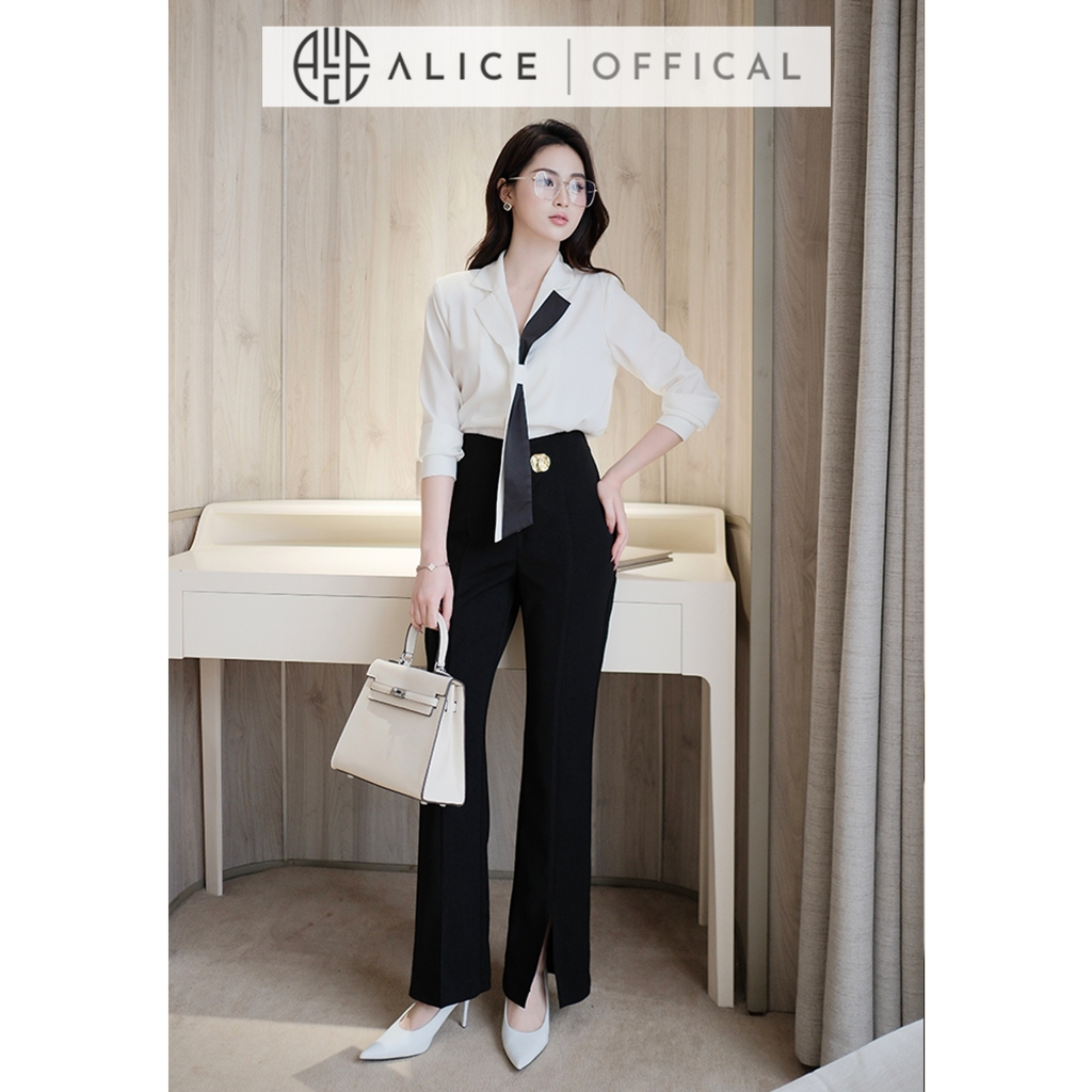 Set Công Sở Thanh Lịch Alice, Áo Sơ Mi Cổ Phối Buộc Vạt Chất Lụa Hàn Phối Quần Ống Loe Chất Mango Đính Tag Eo S849