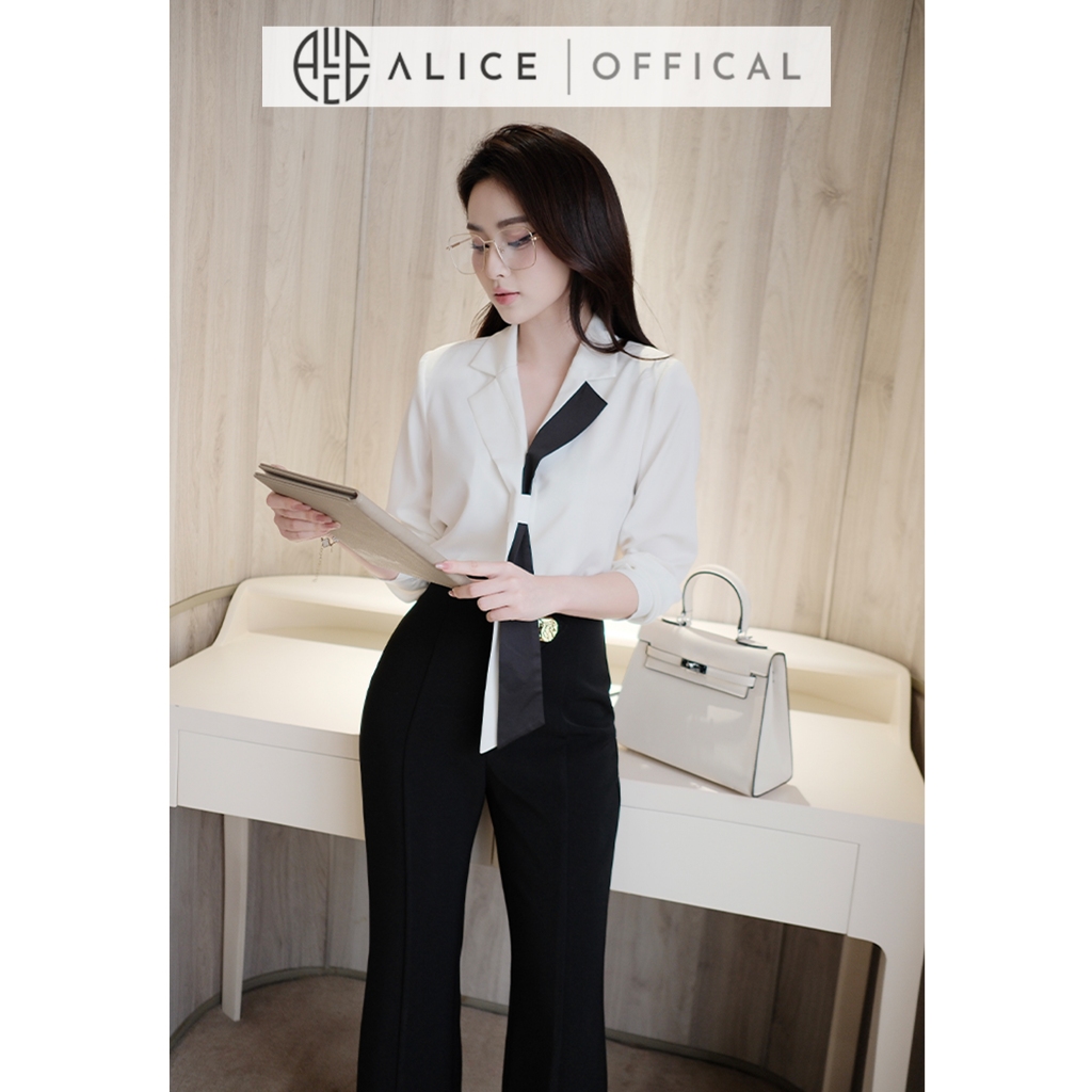 Set Công Sở Thanh Lịch Alice, Áo Sơ Mi Cổ Phối Buộc Vạt Chất Lụa Hàn Phối Quần Ống Loe Chất Mango Đính Tag Eo S849