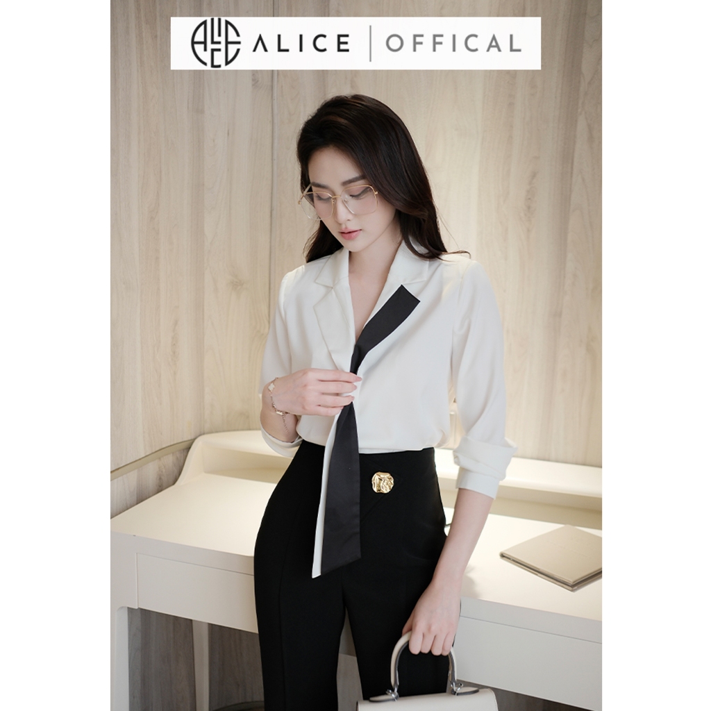 Ảnh Set Công Sở Thanh Lịch Alice, Áo Sơ Mi Cổ Phối Buộc Vạt Chất Lụa Hàn Phối Quần Ống Loe Chất Mango Đính Tag Eo S849 4