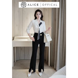 Set Công Sở Thanh Lịch Alice, Áo Sơ Mi Cổ Phối Buộc Vạt Chất Lụa Hàn Phối Quần Ống Loe Chất Mango Đính Tag Eo S849