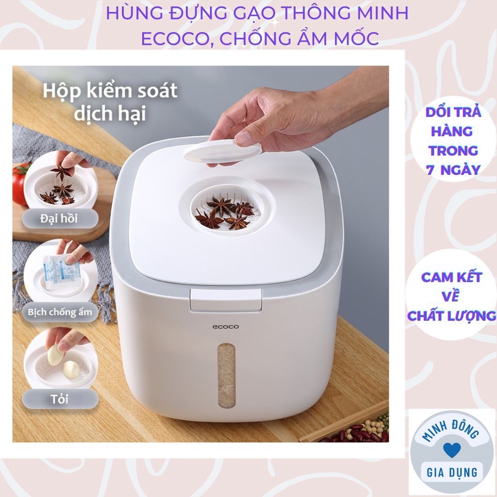 Thùng đựng gạo 10kg và 12kg ECOCO, thùng gạo thông minh chống ẩm mốc mối mọt, côn trùng