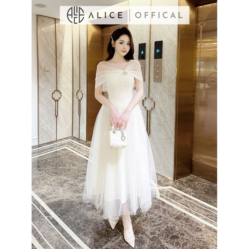 Váy Trễ Vai Dự Tiệc Alice, Đầm Lưới Phối Ren Dáng Maxi Ôm Eo, Váy Đính Đá Nổi Có Lót Xòe Bồng, Phù Hợp Đi Sự Kiện T40-SX
