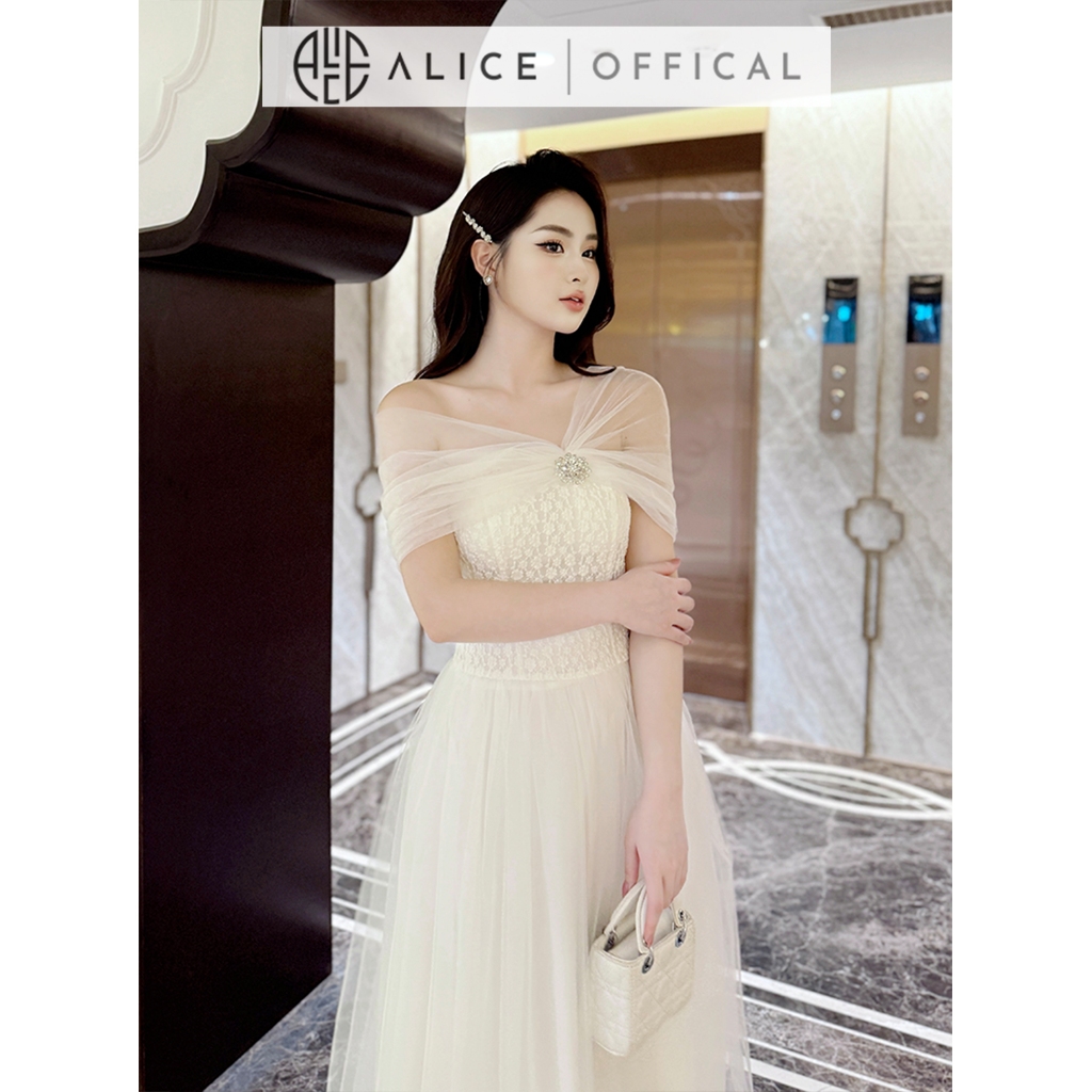 Ảnh Váy Trễ Vai Dự Tiệc Alice, Đầm Lưới Phối Ren Dáng Maxi Ôm Eo, Váy Đính Đá Nổi Có Lót Xòe Bồng, Phù Hợp Đi Sự Kiện T40 3
