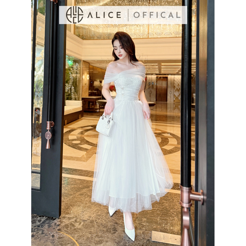 Váy Dự Tiệc Chất Ren Phối Lưới Alice, Đầm Trễ Vai Dáng Dài Đính Nơ Đá, Thiết Kế Ôm Eo, Xòe Bồng 2 Lớp Lưới T98-SX