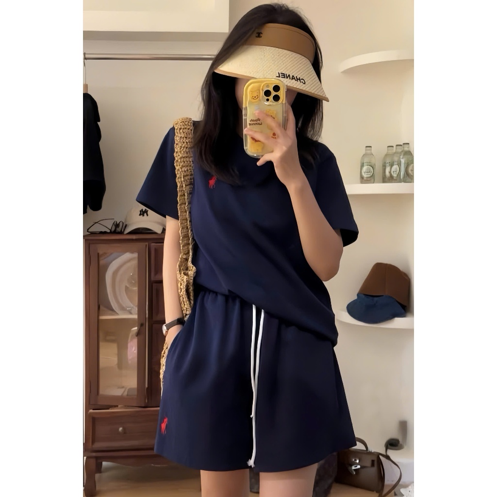 (Mở bán) Set đồ bộ mùa hè chất nỉ xốp trơn basic thêu ngựa có bigsize.