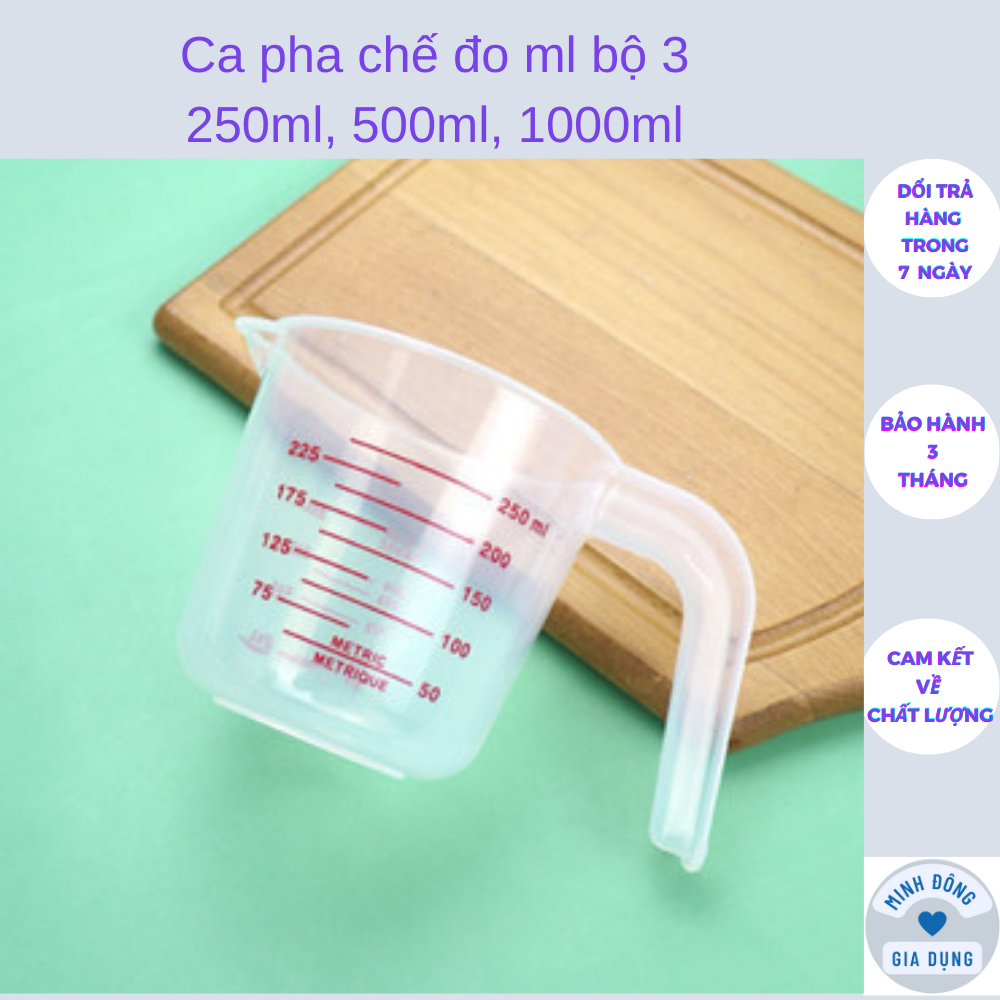 Ca pha chế đo ml bộ 3 250ml, 500ml, 1000ml có vạch, Bộ 3 ca đong pha chế Việt Nhật