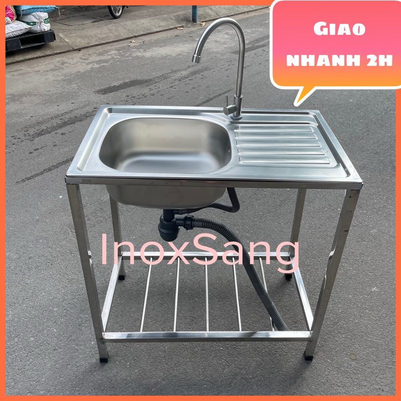 Chậu rửa chén inox có chân 1 hộc 1 cánh 45x75x80cm, đầy đủ phụ kiện ...