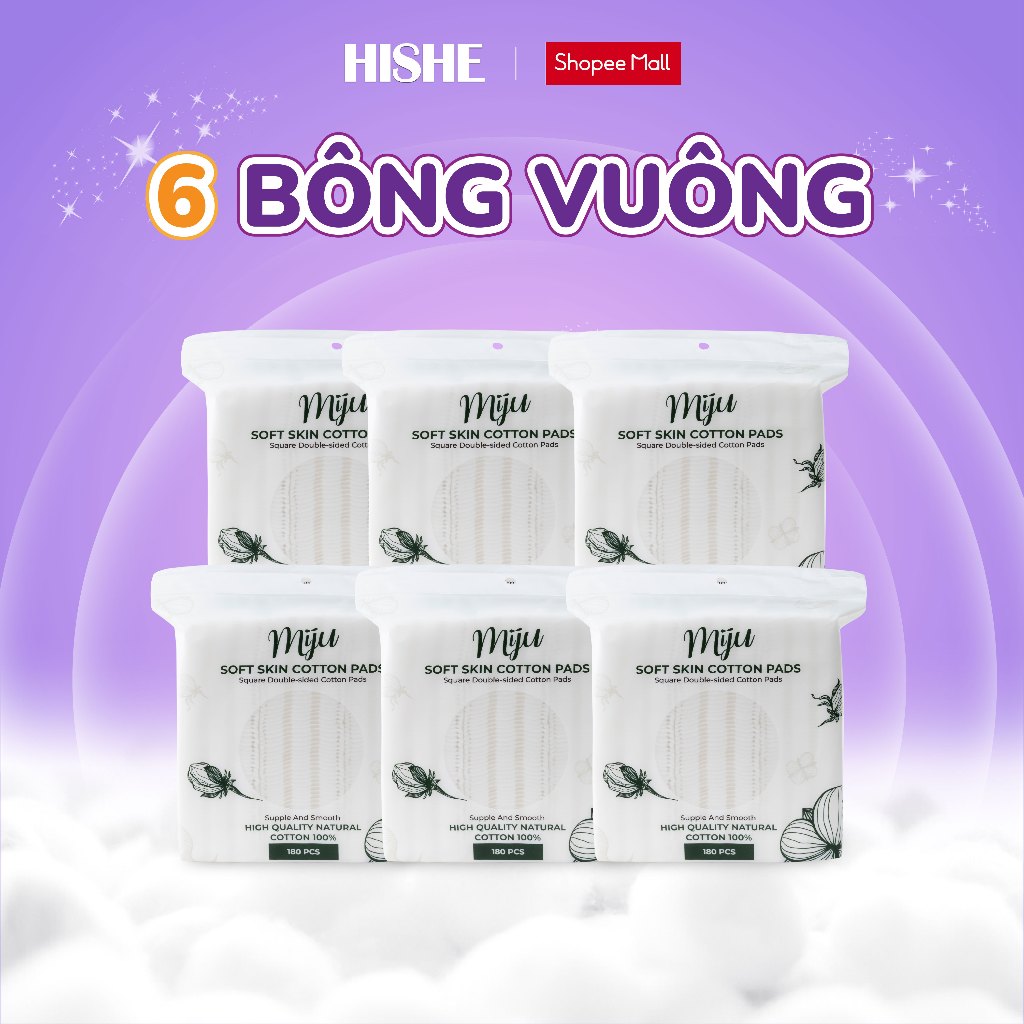 [ Combo 6 gói ]  Bông tẩy trang Miju - Dập viền - 100% cotton - Không xơ bông