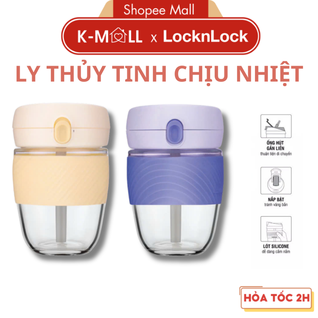Bình đựng nước thủy tinh LocknLock 400ml bọc cách nhiệt LLG968, kèm ống hút - K-MALL