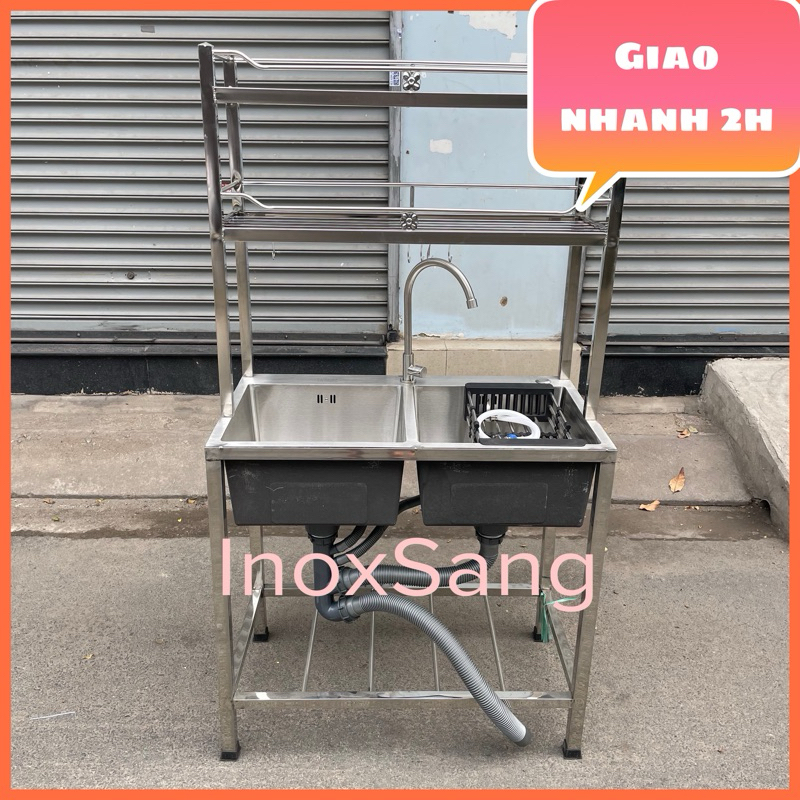 Bồn rửa chén inox sus304 2 hộc có chân và kệ, đầy đủ phụ kiện | Shopee ...