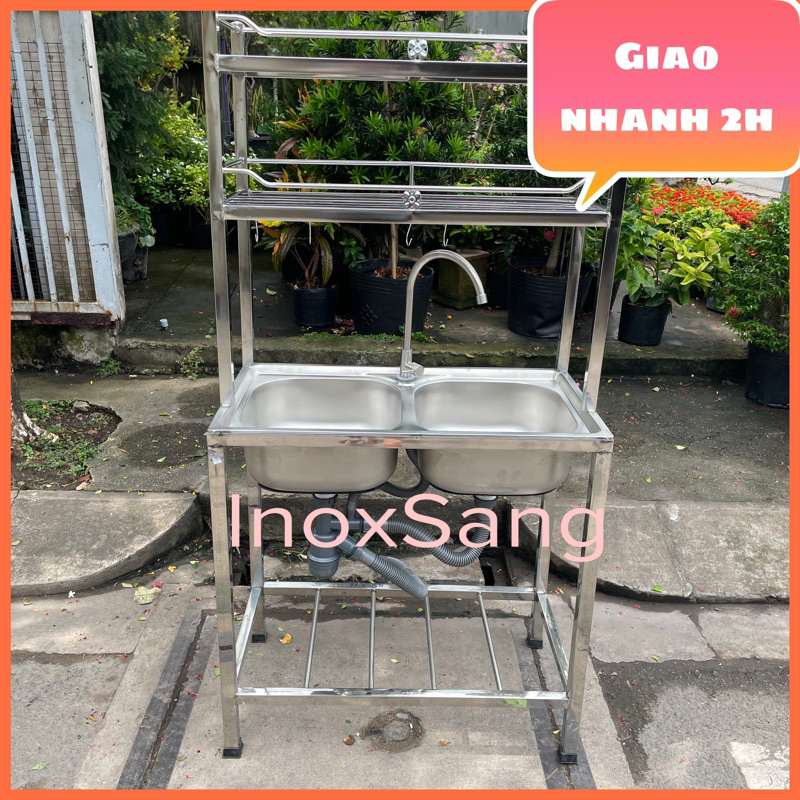Chậu Rửa Chén Inox 2 hộc Có Chân Và Kệ Úp Chén Tiện Lợi Kt 43x78x150 ...