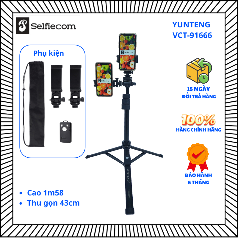 Gậy 91666 Bản 2 Kẹp – Tripod Yunteng Gấp Gọn, Remote Bluetooth – Quay 2 Điện Thoại, Livestream 2 Máy