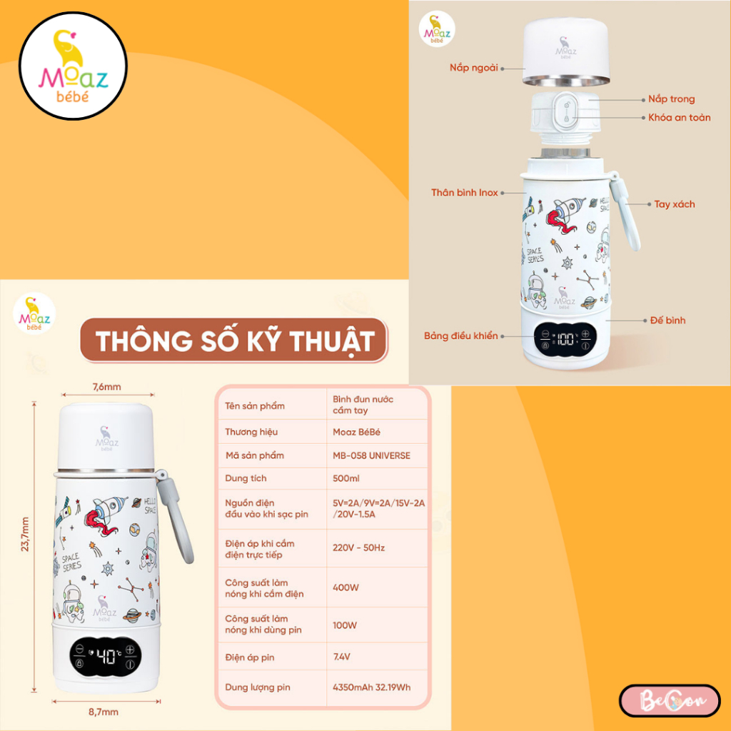 Bình đun nước pha sữa cầm tay Moaz BéBé MB058 Universe, dung tích 500ml có đun sôi, nhỏ gọn tiện lợi