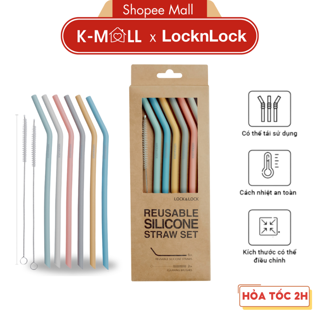 Bộ 6 ống hút silicone LocknLock  kèm 2 cọ TLL080 , có thể tái sử dụng an toàn không độc hại - K-MALL