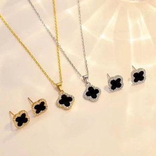 set vòng cổ khuyên tai cỏ 4 lá nữ không gỉ sang trọng