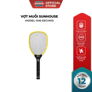 [Bản mới nâng cấp pin] Vợt muỗi Sunhouse SHE-EECVM12, màu vàng - 3 lớp lưới điện đan khít - Tích hợp đèn báo sạc