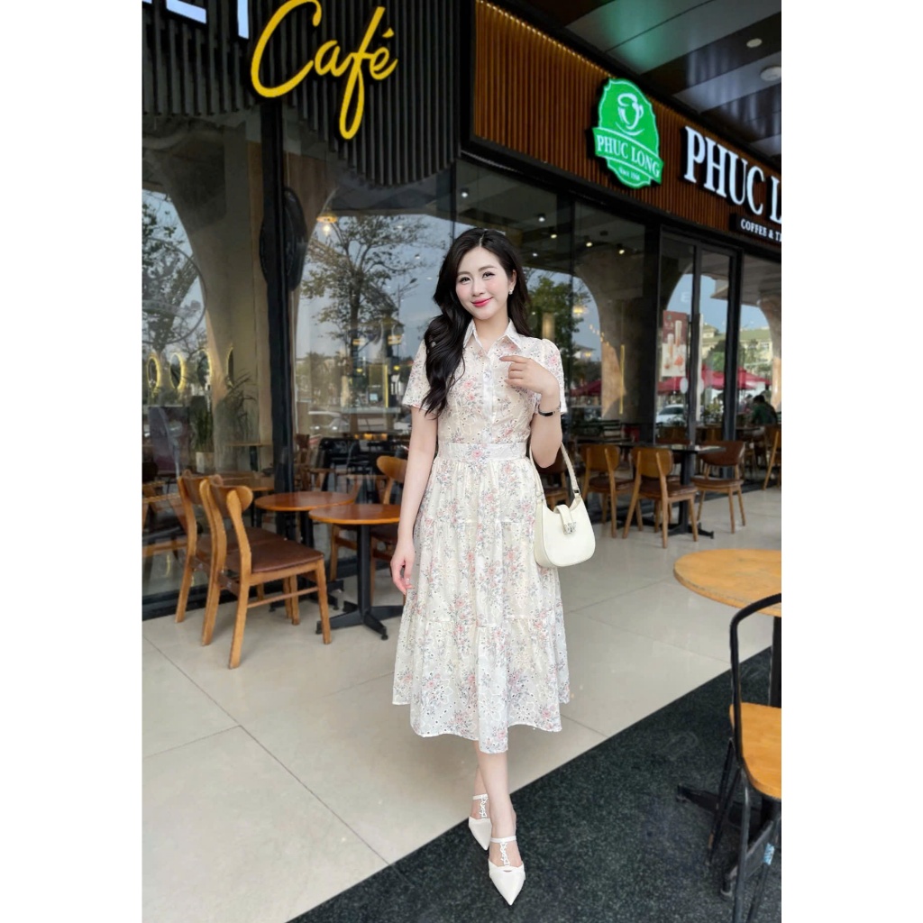 Ảnh Váy hoa cổ Đức Mã 278 – Dáng xòe phối cúc, vải thô Boil mềm mịn, mát nhẹ, mặc đi làm, mặc đi chơi 3