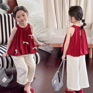 [B&G] Sét bộ áo đỏ cổ yếm đính nơ kèm quần suông mùa hè cho bé gái từ 13-45kg(2-12 tuổi)